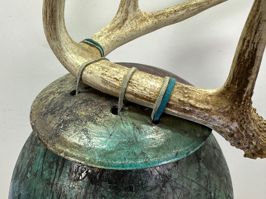 Eclectic Artist Signed Raku Art Pottery Jar With Antler Lid 28.5H [Photo 5]