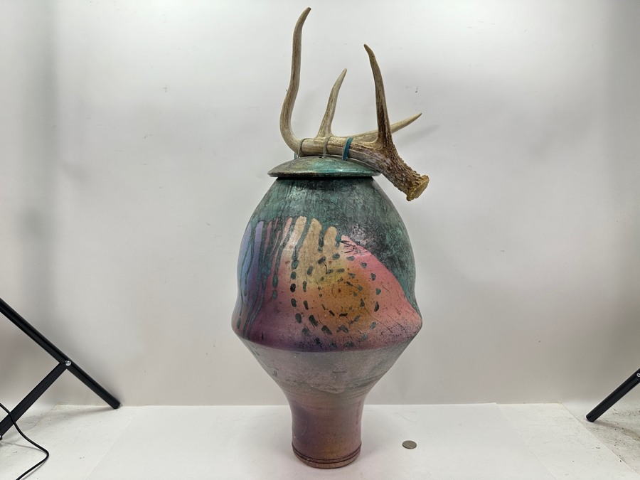 Eclectic Artist Signed Raku Art Pottery Jar With Antler Lid 28.5H [Photo 2]