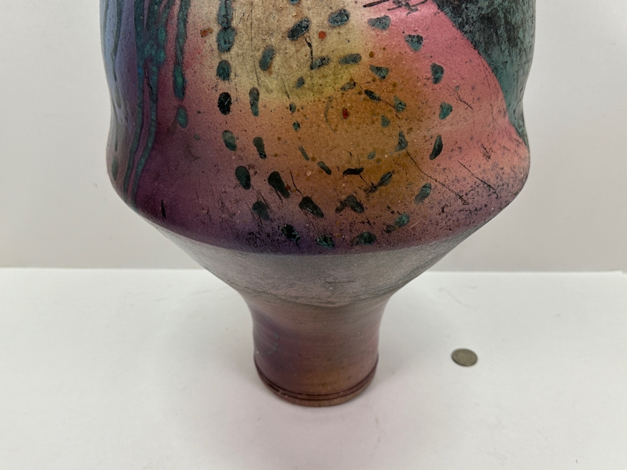 Eclectic Artist Signed Raku Art Pottery Jar With Antler Lid 28.5H [Photo 8]