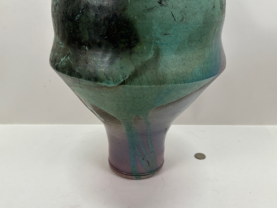 Eclectic Artist Signed Raku Art Pottery Jar With Antler Lid 28.5H [Photo 13]