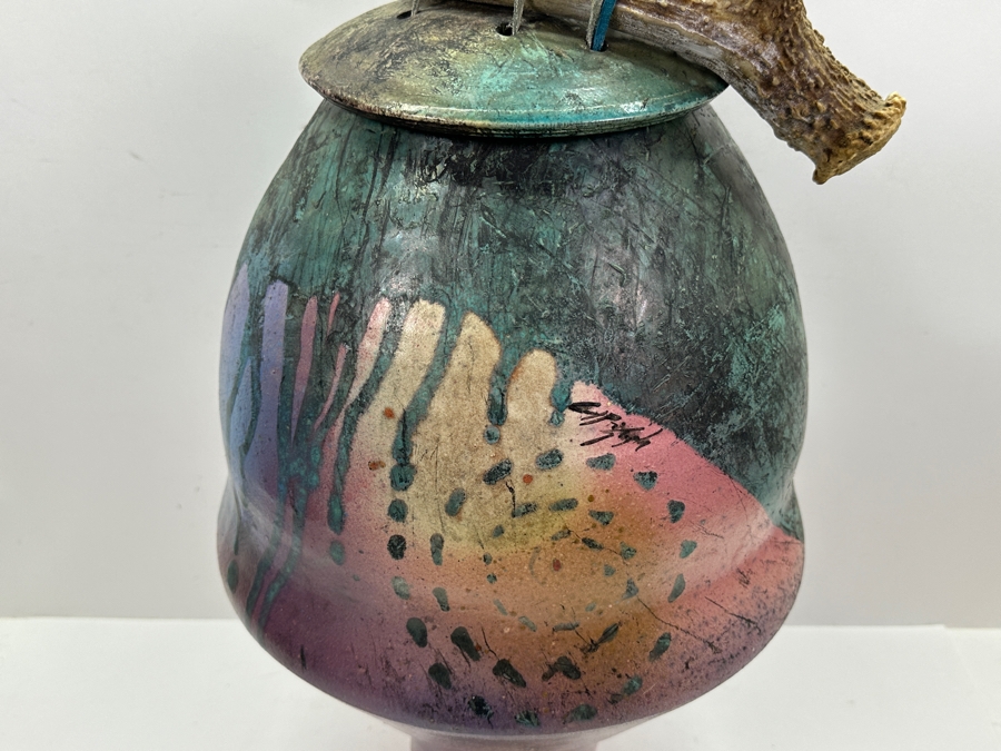 Eclectic Artist Signed Raku Art Pottery Jar With Antler Lid 28.5H [Photo 7]
