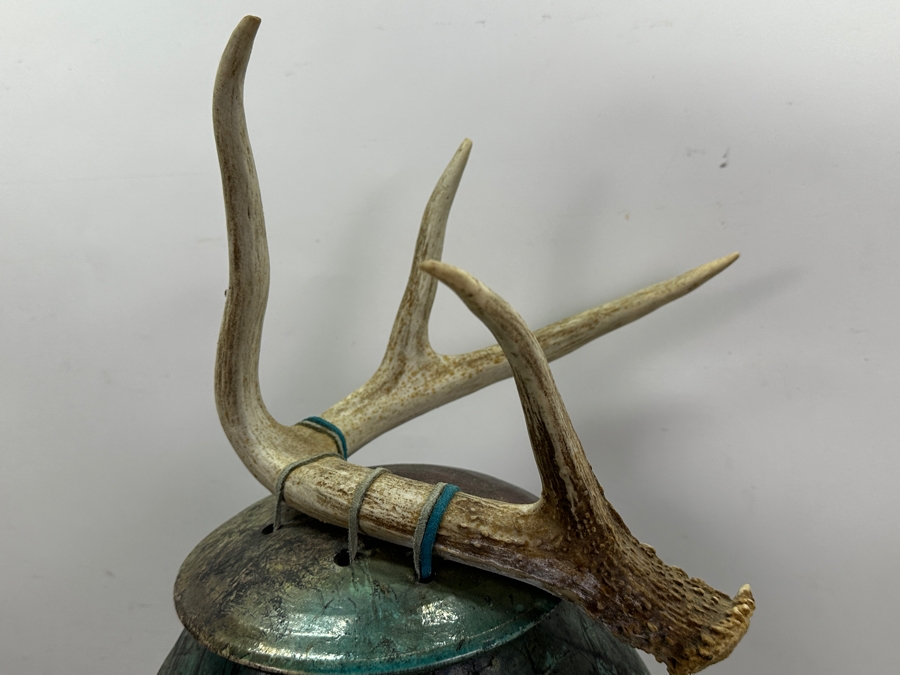 Eclectic Artist Signed Raku Art Pottery Jar With Antler Lid 28.5H [Photo 3]