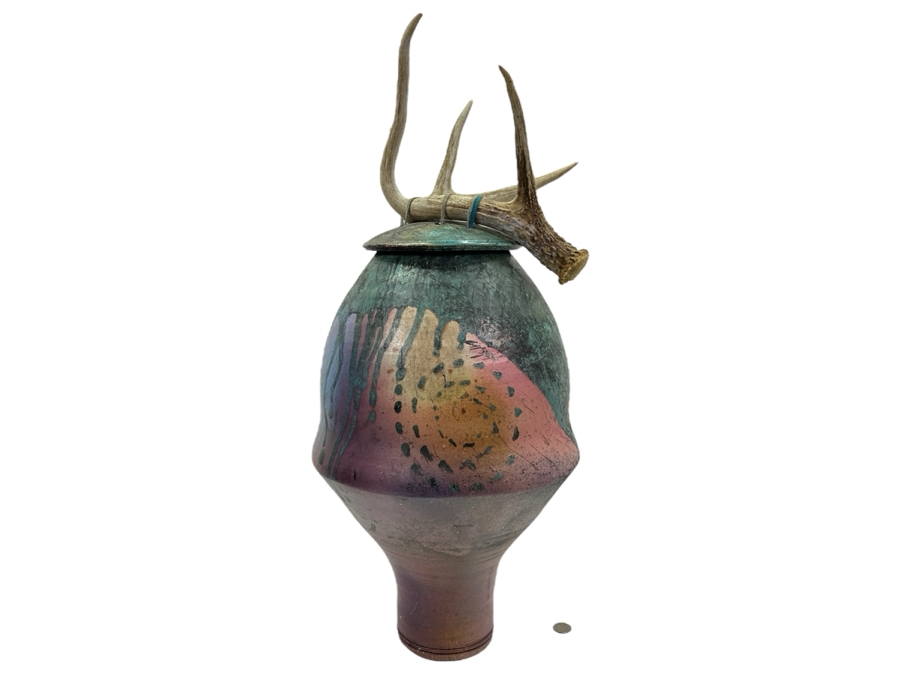 Eclectic Artist Signed Raku Art Pottery Jar With Antler Lid 28.5H