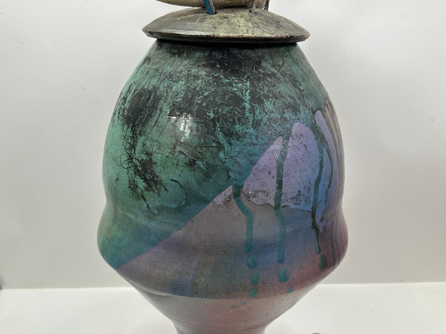 Eclectic Artist Signed Raku Art Pottery Jar With Antler Lid 28.5H [Photo 11]