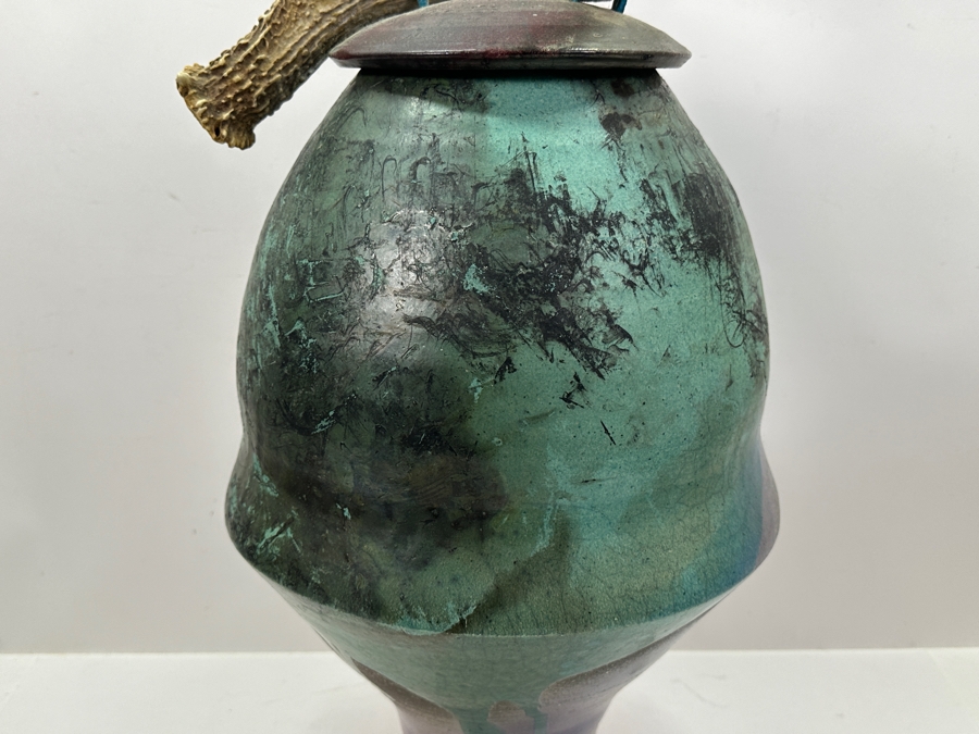 Eclectic Artist Signed Raku Art Pottery Jar With Antler Lid 28.5H [Photo 12]