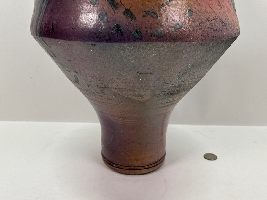 Eclectic Artist Signed Raku Art Pottery Jar With Antler Lid 28.5H [Photo 9]