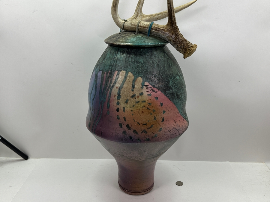 Eclectic Artist Signed Raku Art Pottery Jar With Antler Lid 28.5H [Photo 10]