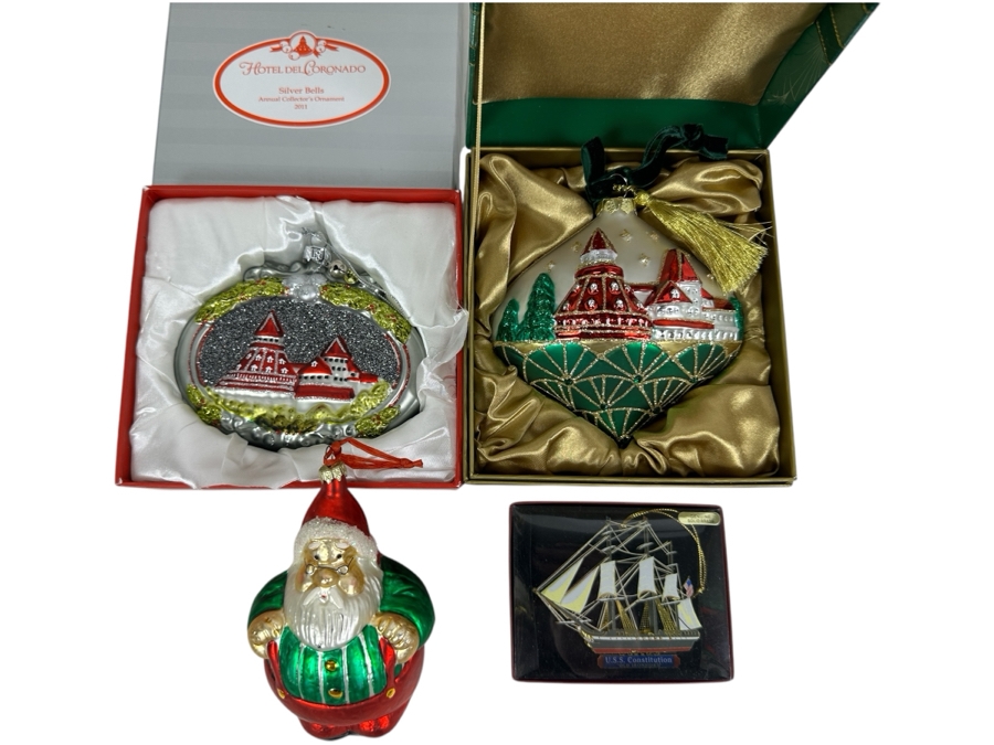 (3) Hotel Del Coronado Glass Ornaments And Brass U.S.S. Constitution 'Old Ironsides' Ornament
