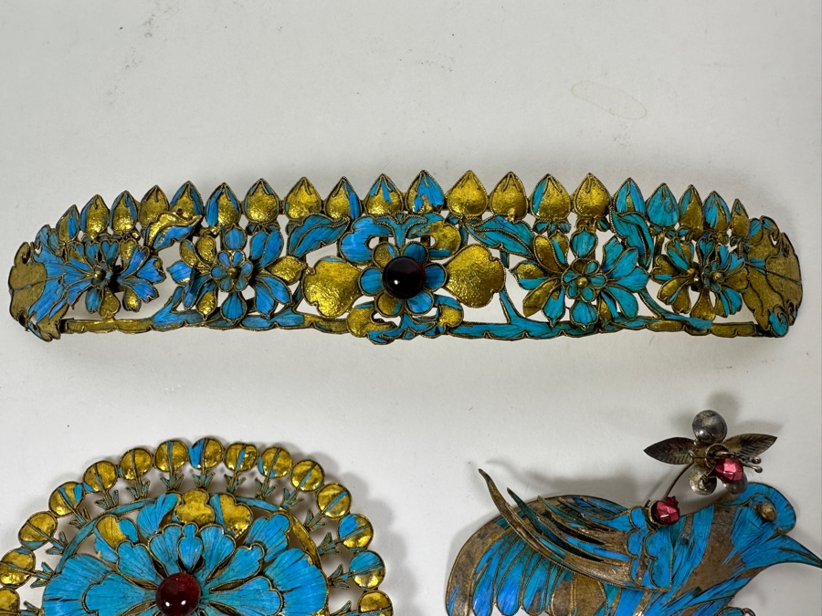 Just Added - Collection Of Antique Chinese Kingfisher Feather Hairpins 36g (Pin On Bottom Left Is Signed) [Photo 9]