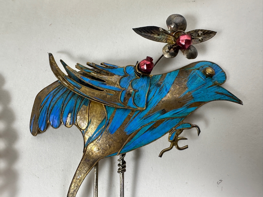 Just Added - Collection Of Antique Chinese Kingfisher Feather Hairpins 36g (Pin On Bottom Left Is Signed) [Photo 7]