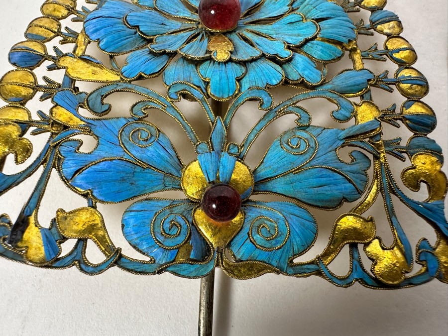 Just Added - Collection Of Antique Chinese Kingfisher Feather Hairpins 36g (Pin On Bottom Left Is Signed) [Photo 4]