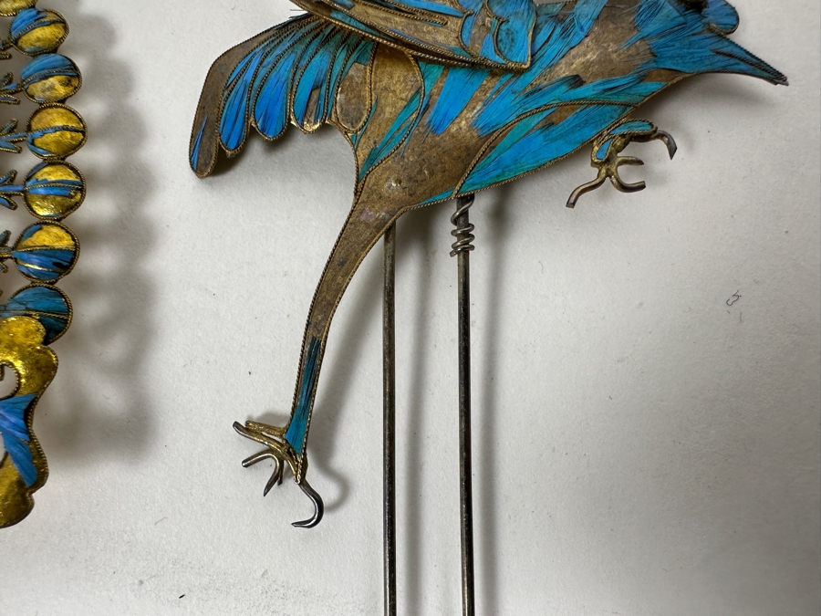 Just Added - Collection Of Antique Chinese Kingfisher Feather Hairpins 36g (Pin On Bottom Left Is Signed) [Photo 8]