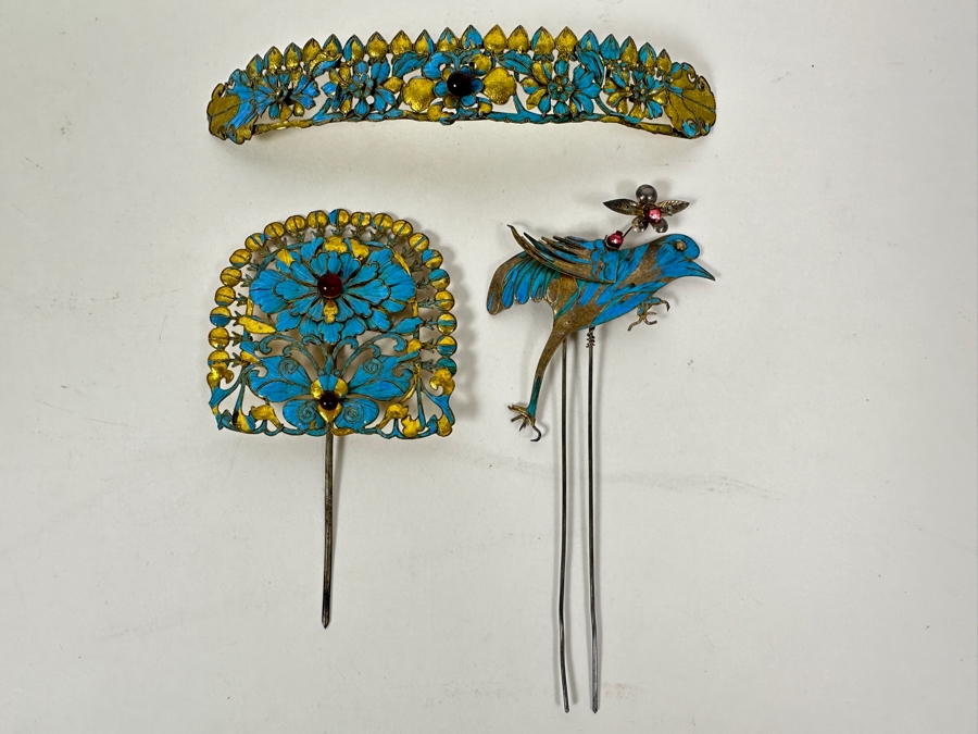 Just Added - Collection Of Antique Chinese Kingfisher Feather Hairpins 36g (Pin On Bottom Left Is Signed) [Photo 23]