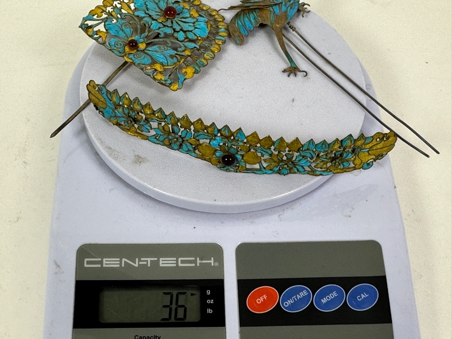 Just Added - Collection Of Antique Chinese Kingfisher Feather Hairpins 36g (Pin On Bottom Left Is Signed) [Photo 21]