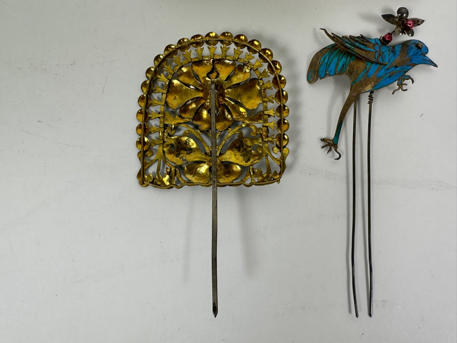 Just Added - Collection Of Antique Chinese Kingfisher Feather Hairpins 36g (Pin On Bottom Left Is Signed) [Photo 13]