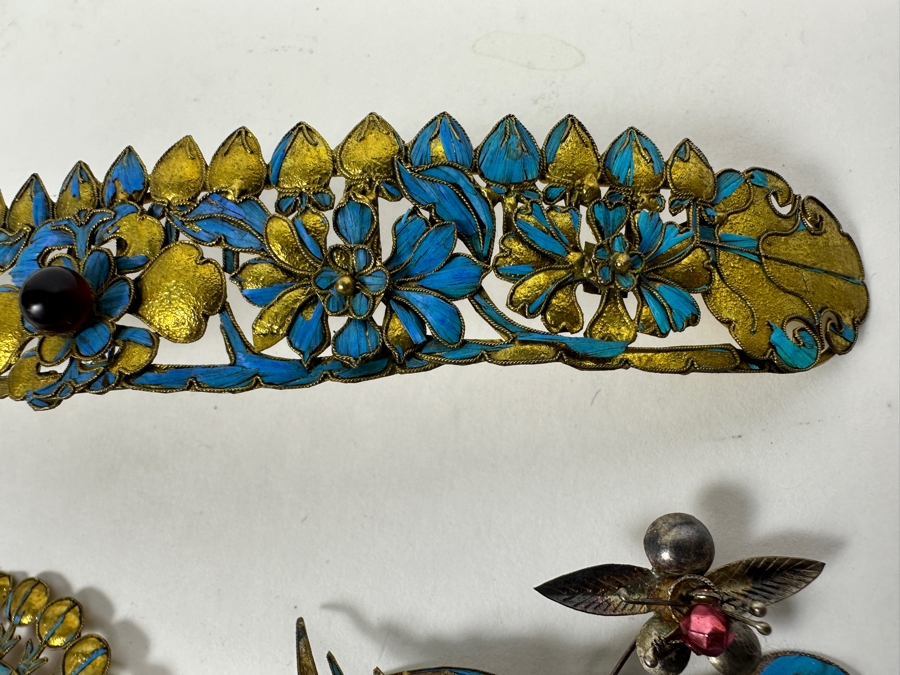 Just Added - Collection Of Antique Chinese Kingfisher Feather Hairpins 36g (Pin On Bottom Left Is Signed) [Photo 12]