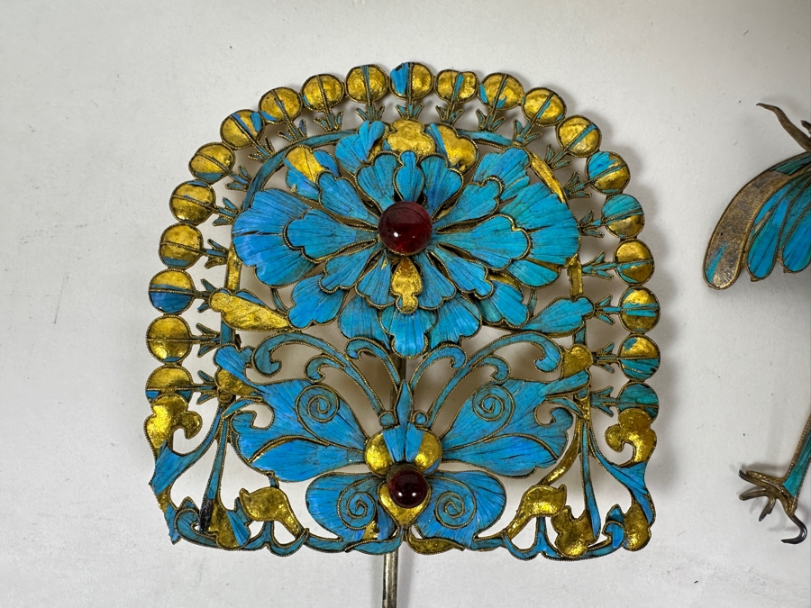Just Added - Collection Of Antique Chinese Kingfisher Feather Hairpins 36g (Pin On Bottom Left Is Signed) [Photo 3]