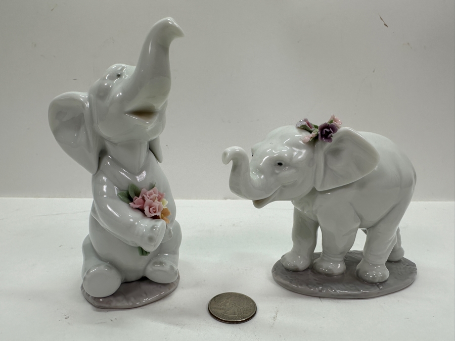 Lladro 'Lucky Strolling' Porcelain Elephant Figurine #6460 3.75'H and 'Lucky in Love' #6462 5'H [Photo 3]
