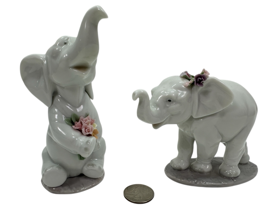 Lladro 'Lucky Strolling' Porcelain Elephant Figurine #6460 3.75'H and 'Lucky in Love' #6462 5'H [Photo 1]