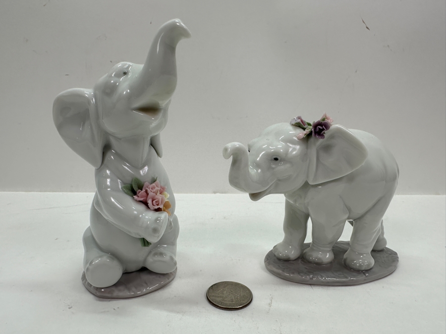 Lladro 'Lucky Strolling' Porcelain Elephant Figurine #6460 3.75'H and 'Lucky in Love' #6462 5'H [Photo 2]