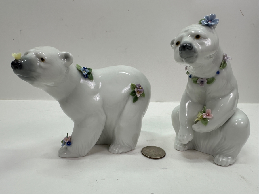 Lladro 'Attentive Polar Bear' Porcelain Figurine #6354 3.75'H and 'Polar Bear Resting with Flowers' #6355 5'H	 [Photo 2]