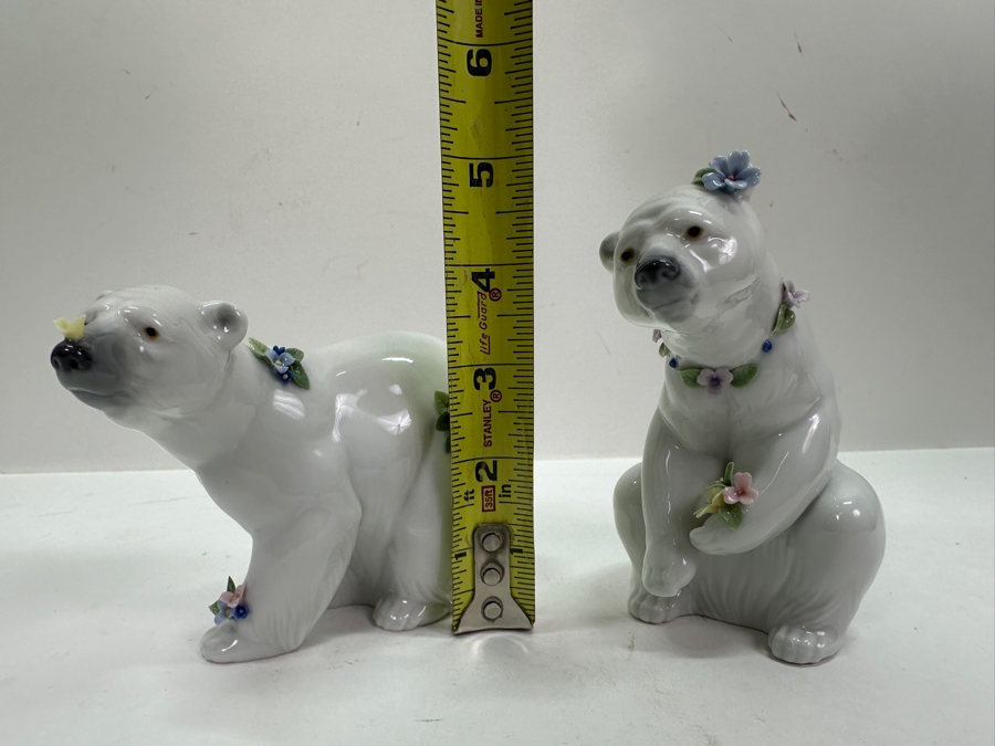 Lladro 'Attentive Polar Bear' Porcelain Figurine #6354 3.75'H and 'Polar Bear Resting with Flowers' #6355 5'H	 [Photo 13]