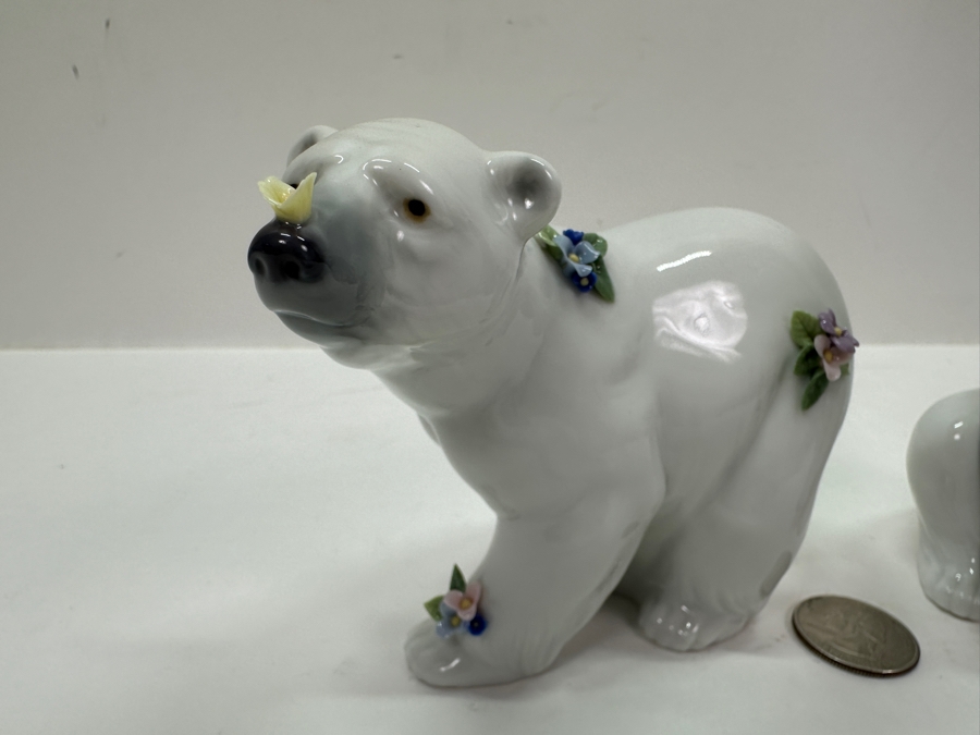 Lladro 'Attentive Polar Bear' Porcelain Figurine #6354 3.75'H and 'Polar Bear Resting with Flowers' #6355 5'H	 [Photo 5]