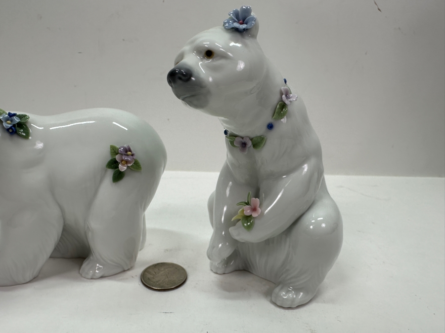 Lladro 'Attentive Polar Bear' Porcelain Figurine #6354 3.75'H and 'Polar Bear Resting with Flowers' #6355 5'H	 [Photo 4]