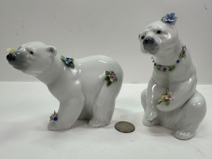Lladro 'Attentive Polar Bear' Porcelain Figurine #6354 3.75'H and 'Polar Bear Resting with Flowers' #6355 5'H	 [Photo 3]