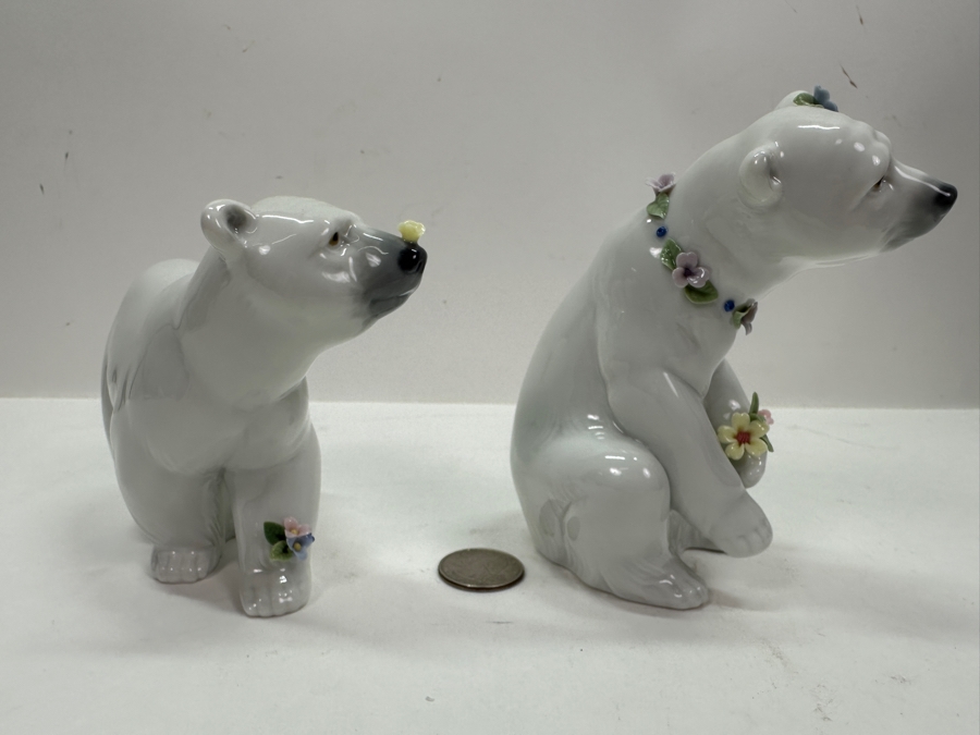 Lladro 'Attentive Polar Bear' Porcelain Figurine #6354 3.75'H and 'Polar Bear Resting with Flowers' #6355 5'H	 [Photo 8]