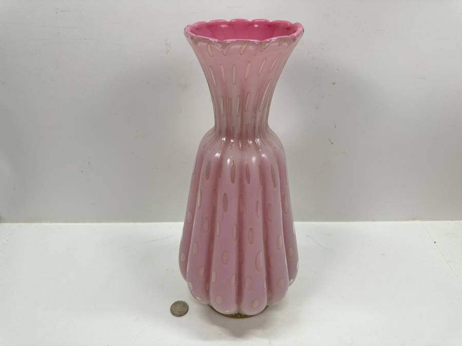 Large Vintage Italian Murano Art Glass Pink & Gold Ribbed Vase Attributed To Alfredo Barbini 14'H [Photo 5]