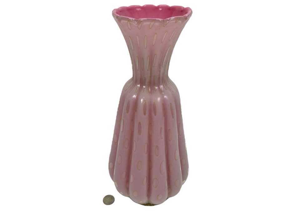 Large Vintage Italian Murano Art Glass Pink & Gold Ribbed Vase Attributed To Alfredo Barbini 14'H [Photo 2]