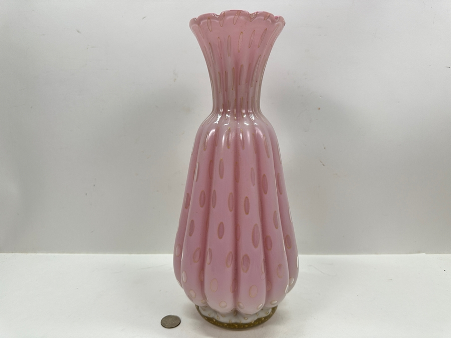 Large Vintage Italian Murano Art Glass Pink & Gold Ribbed Vase Attributed To Alfredo Barbini 14'H [Photo 4]