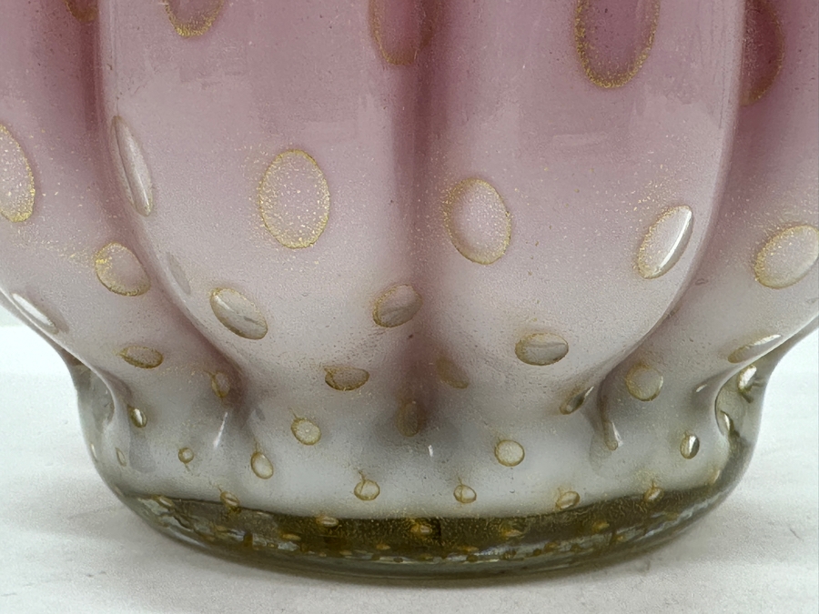 Large Vintage Italian Murano Art Glass Pink & Gold Ribbed Vase Attributed To Alfredo Barbini 14'H [Photo 6]