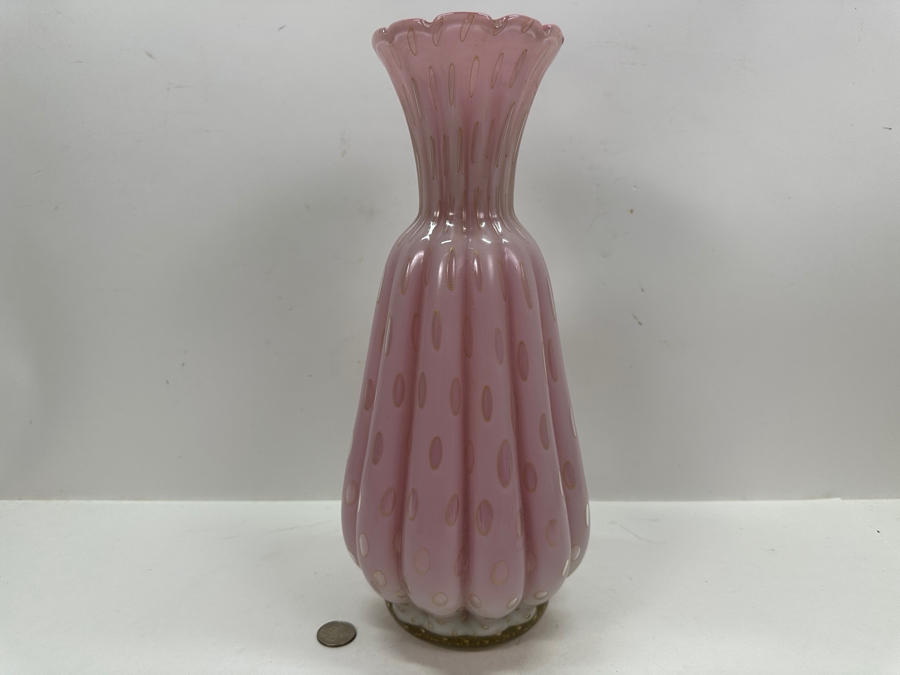 Large Vintage Italian Murano Art Glass Pink & Gold Ribbed Vase Attributed To Alfredo Barbini 14'H [Photo 3]