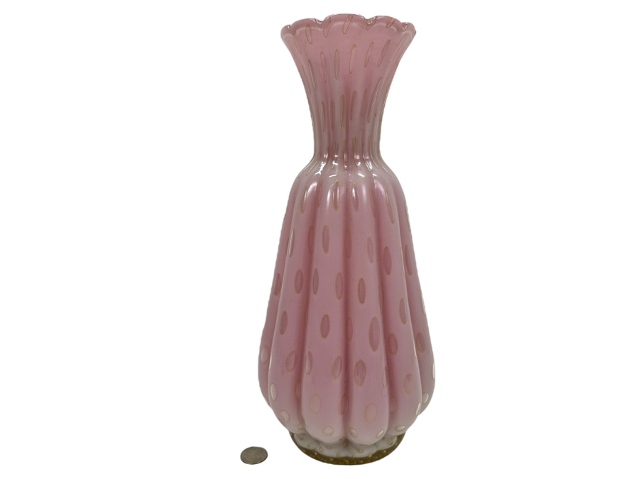 Large Vintage Italian Murano Art Glass Pink & Gold Ribbed Vase Attributed To Alfredo Barbini 14'H [Photo 1]