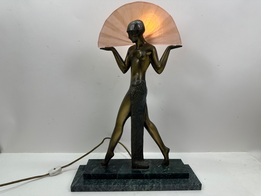Raymonde Guerbe For Max Le Verrier Style Art Deco Egyptian Lamp With Marble Base 13W X 4D X 18.5H [Photo 2]