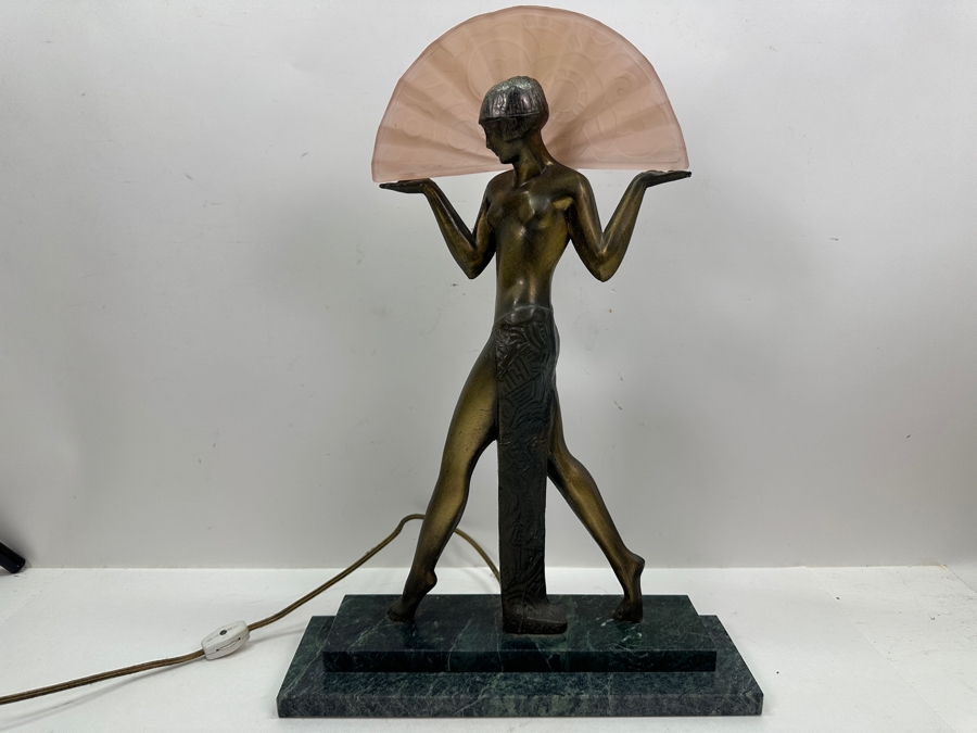 Raymonde Guerbe For Max Le Verrier Style Art Deco Egyptian Lamp With Marble Base 13W X 4D X 18.5H [Photo 3]