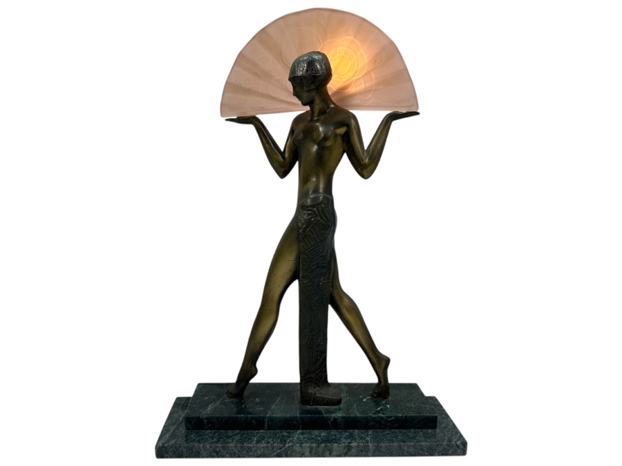 Raymonde Guerbe For Max Le Verrier Style Art Deco Egyptian Lamp With Marble Base 13W X 4D X 18.5H