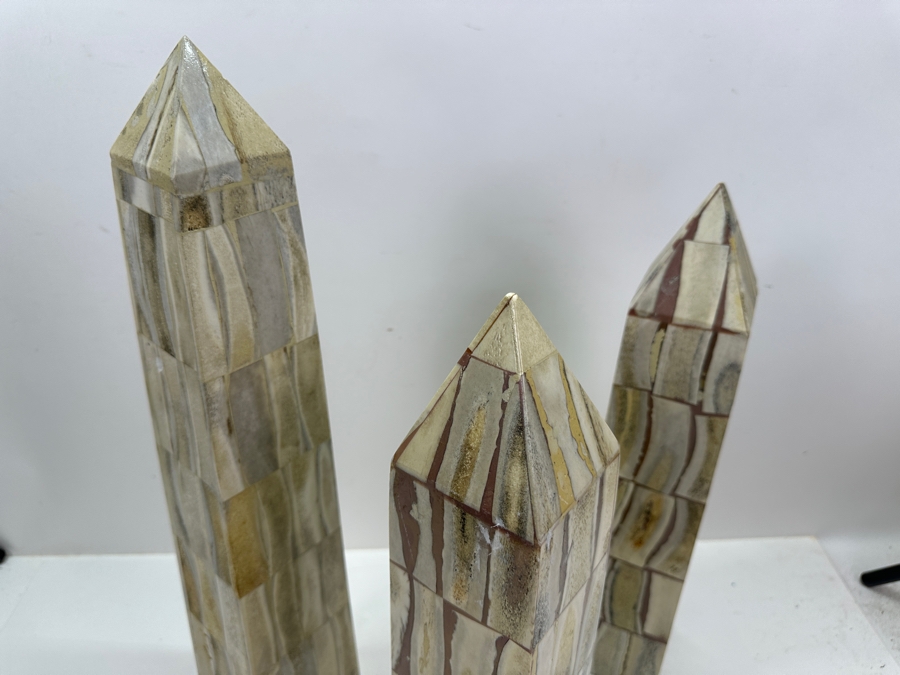 Set Of Three Vintage Bone Inlay Obelisks By Jonson & Marcius - Tallest Is 21.5'H [Photo 9]