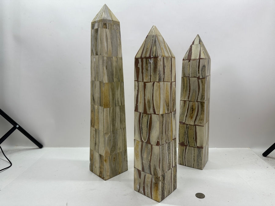 Set Of Three Vintage Bone Inlay Obelisks By Jonson & Marcius - Tallest Is 21.5'H [Photo 5]