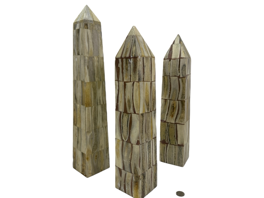 Set Of Three Vintage Bone Inlay Obelisks By Jonson & Marcius - Tallest Is 21.5'H [Photo 1]