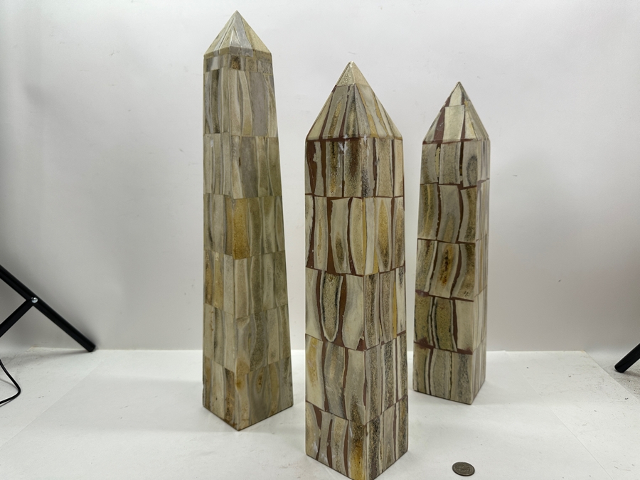 Set Of Three Vintage Bone Inlay Obelisks By Jonson & Marcius - Tallest Is 21.5'H [Photo 4]