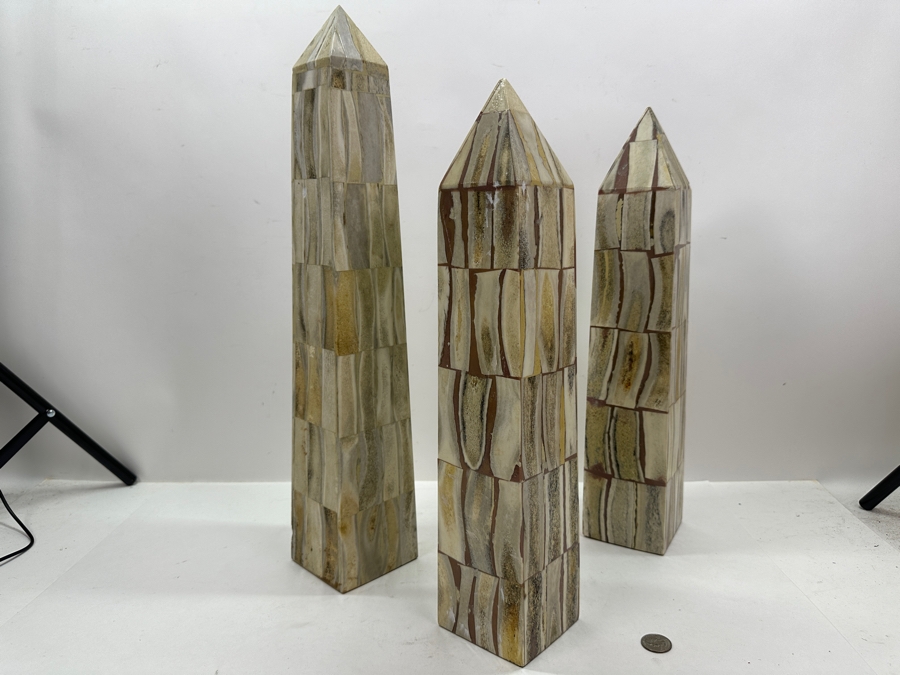 Set Of Three Vintage Bone Inlay Obelisks By Jonson & Marcius - Tallest Is 21.5'H [Photo 3]