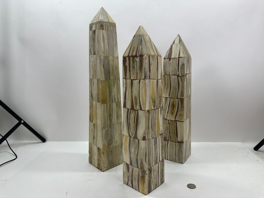 Set Of Three Vintage Bone Inlay Obelisks By Jonson & Marcius - Tallest Is 21.5'H [Photo 2]