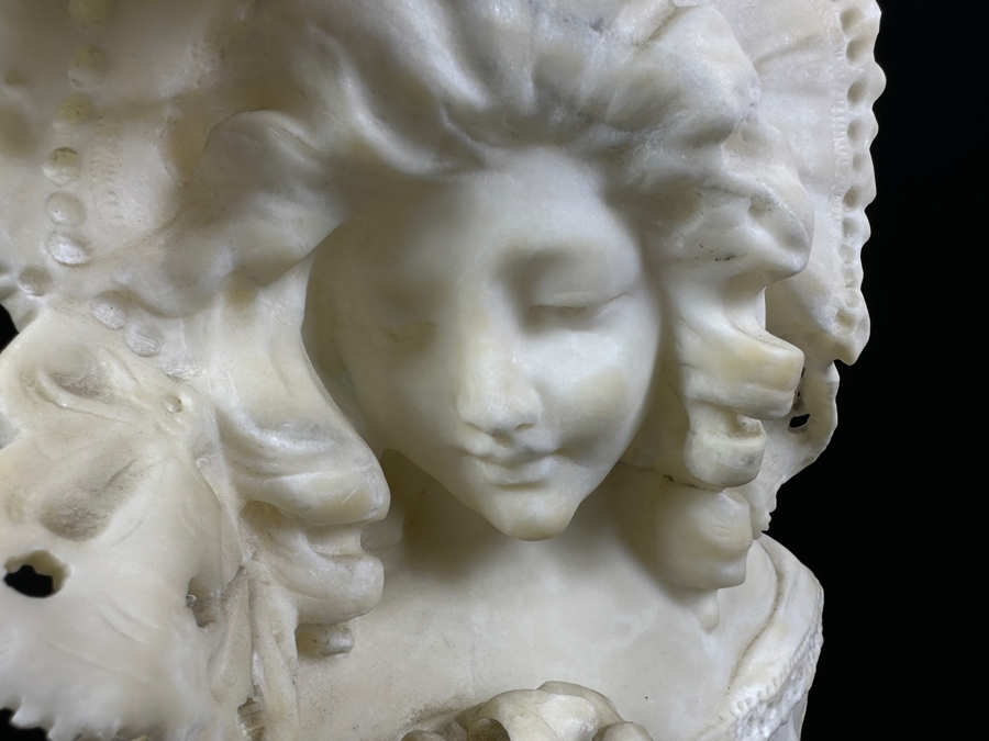 Stunning Carved Alabaster Bust Of A Young Woman Artist Signed 10W X 17.5H [Photo 2]
