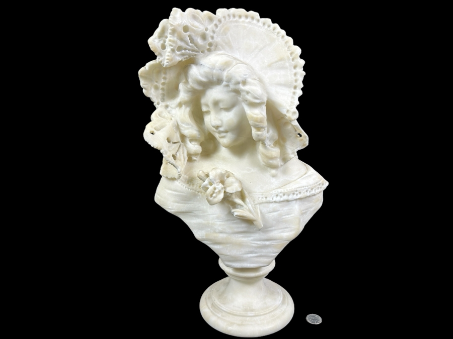 Stunning Carved Alabaster Bust Of A Young Woman Artist Signed 10W X 17.5H [Photo 1]