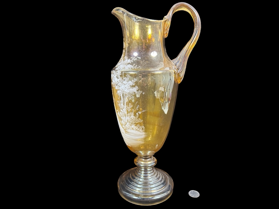 Vintage Hand Painted Glass Ewer Pitcher 15.5H [Photo 2]