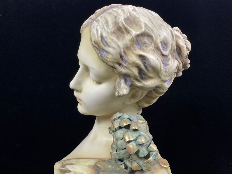 Stunning RStK Amphora Porcelain Turn Teplitz Bohemia Art Nouveau Bust Woman Made in Austria 15'H (See Photos For Several Chips To Flowers) [Photo 15]