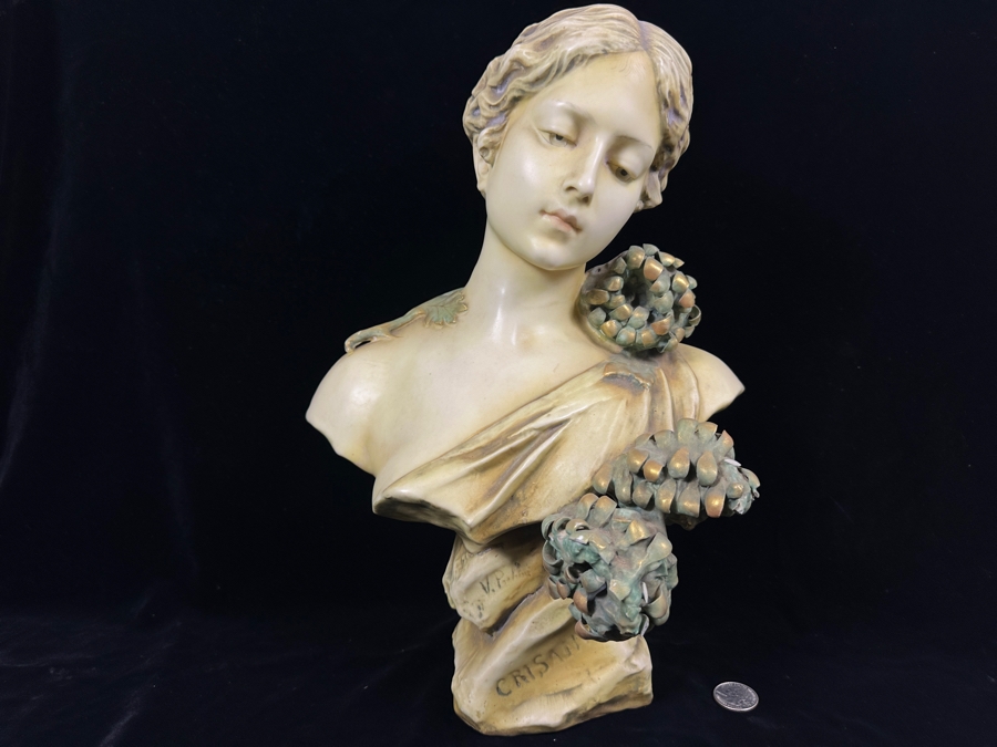 Stunning RStK Amphora Porcelain Turn Teplitz Bohemia Art Nouveau Bust Woman Made in Austria 15'H (See Photos For Several Chips To Flowers) [Photo 3]